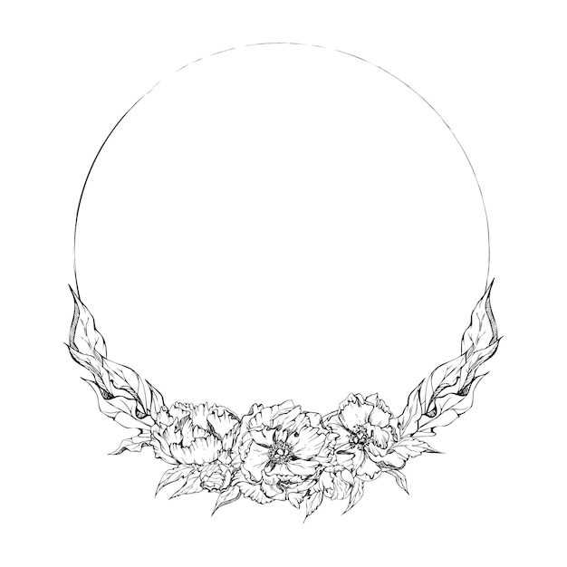 Hand drawn vector circle frame wreath arrangement with peony flowers buds and leaves Isolated on white background Design for invitations wedding or greeting cards wallpaper print textile