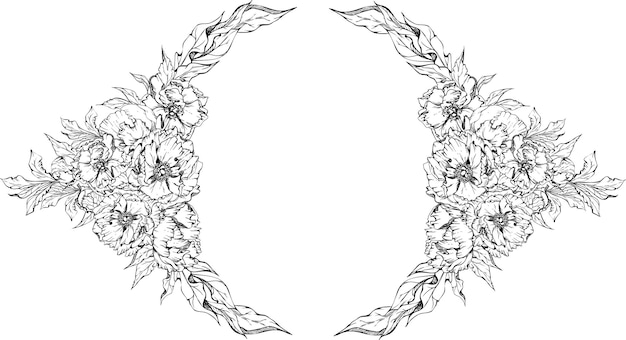 Hand drawn vector circle frame wreath arrangement with peony flowers buds and leaves Isolated on white background Design for invitations wedding or greeting cards wallpaper print textile