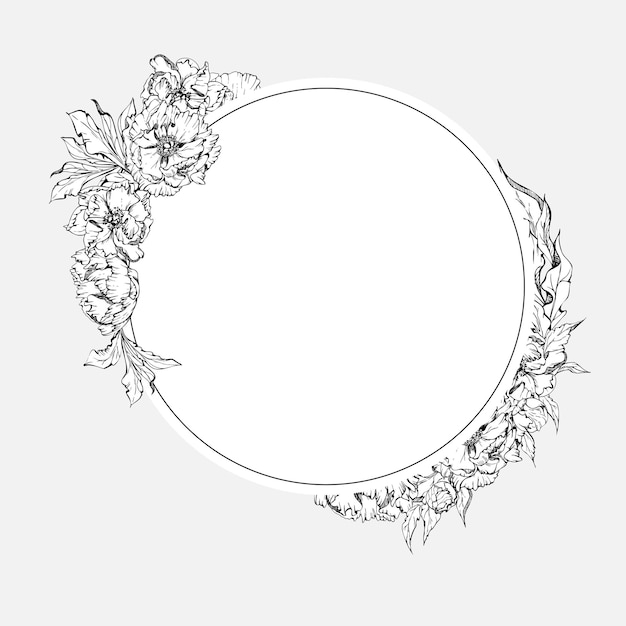 Hand drawn vector circle frame wreath arrangement with peony flowers buds and leaves Isolated on white background Design for invitations wedding or greeting cards wallpaper print textile