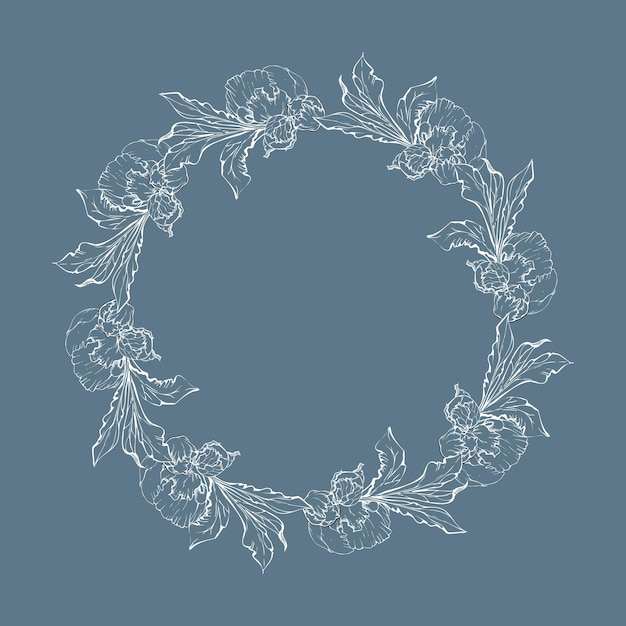 Hand drawn vector circle frame wreath arrangement with peony flowers buds and leaves Isolated on white background Design for invitations wedding or greeting cards wallpaper print textile