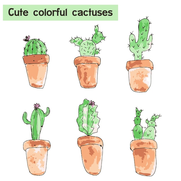 Hand drawn vector collection of watercolor cactuses