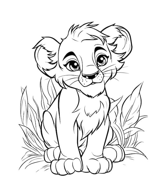 Hand drawn vector coloring page of cartoonish lion cub