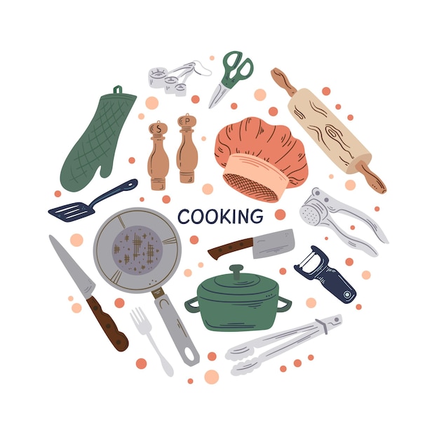 Hand drawn vector cooking and kitchen elements in round composition Kitchenware and food in circle