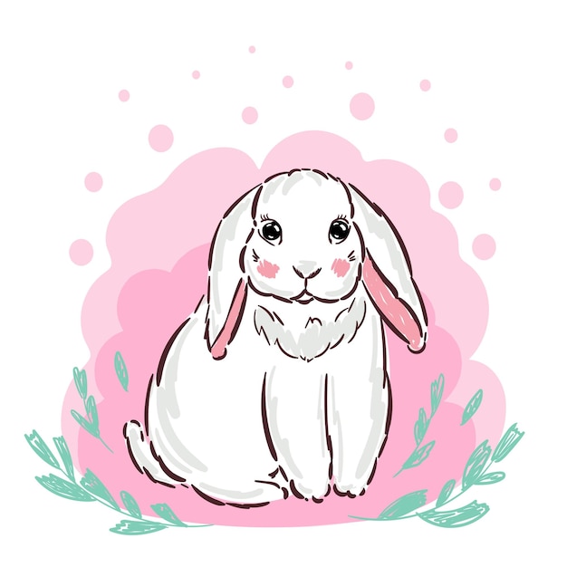 Hand drawn vector cute Bunny Rabbit pink girl print illustration Print for children tshirts