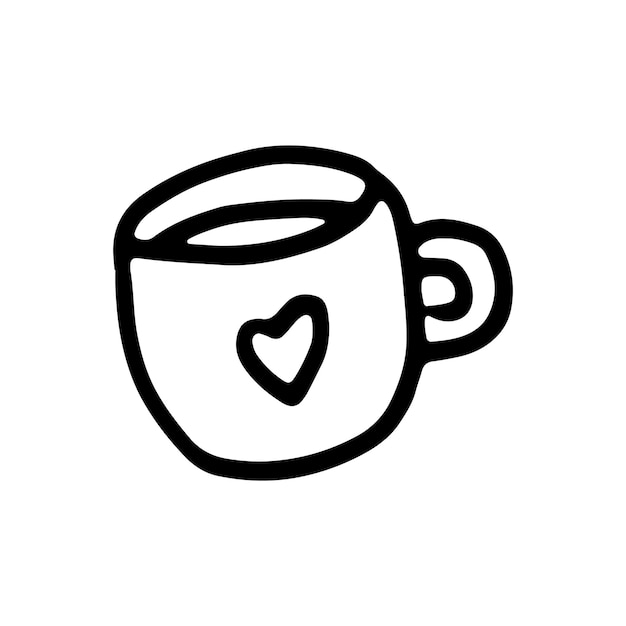 Hand drawn vector cute cup of hot coffee. Doodle style. Black outline isolated on white.