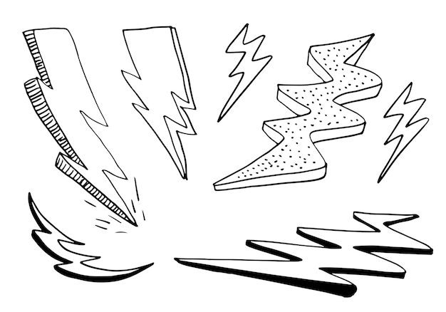 hand drawn vector doodle electric lightning bolt symbol sketch illustrations.