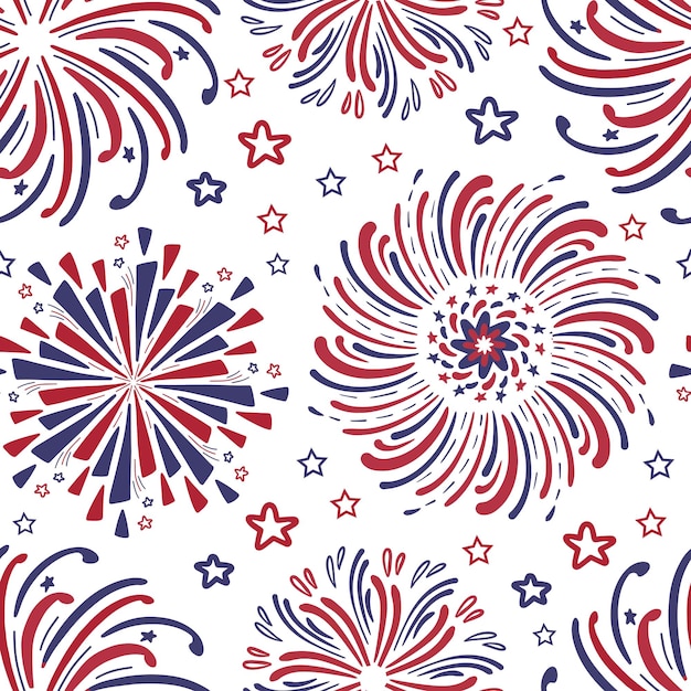 Hand drawn vector fireworks seamless pattern background Red and blue color of American flag