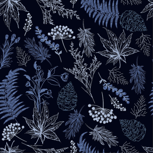 Hand drawn vector  Forest Autumn blue botanical vector