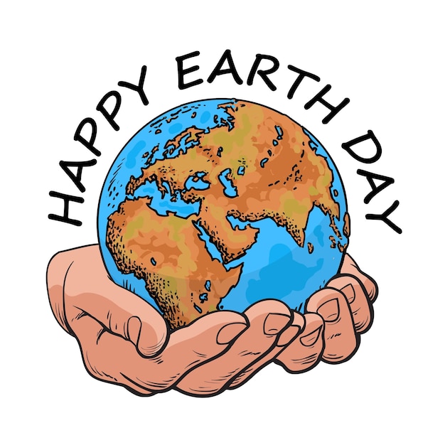 Hand drawn vector Happy Earth Day poster depicting Globe in hands