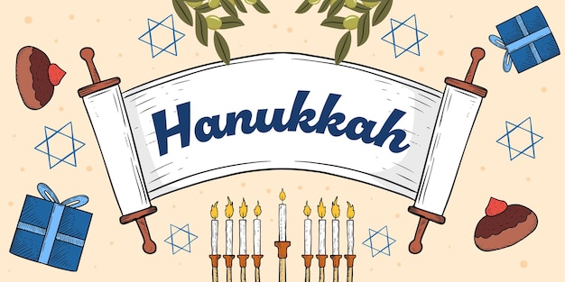 hand drawn vector happy hanukkah horizontal banner illustration