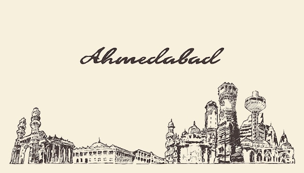 Hand drawn vector illustration of Ahmedabad skyline, India