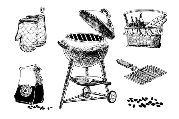 Hand drawn vector illustration of barbecue set including grill grate charcoal pack grill basket and baking gloves