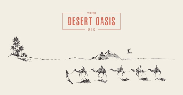 Hand drawn vector illustration of caravan of camels walking towards oasis in desert