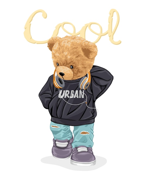 Hand drawn vector illustration of cool teddy bear with headphones