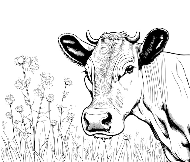 Hand drawn vector illustration of cow and coloring page on white background