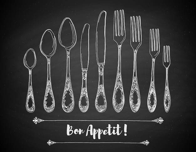 Hand drawn vector illustration of curly ornamental silver tableware cutlery on a black chalkboard