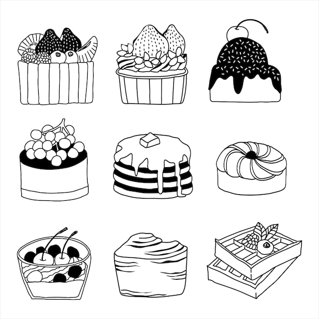 Hand drawn vector illustration of dessert and cake collection in doodle art style on white background