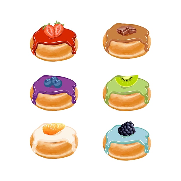 Hand drawn vector illustration of donuts with colored glaze and colorful sprinkles