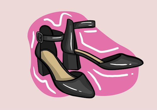 Hand drawn vector illustration of elegant fashionable black womens shoes with high heel