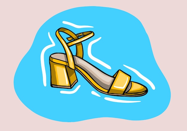 Hand drawn vector illustration of elegant fashionable yellow womens shoe with high heel