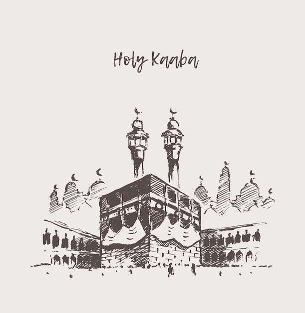 Hand drawn vector illustration of Holy Kaaba in Mecca in Saudi Arabia