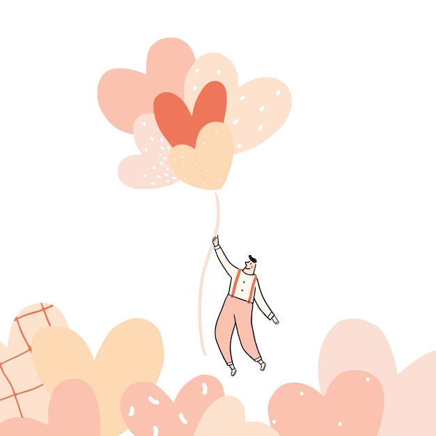 Vector hand drawn vector illustration of man flying with heart balloon male holding pink heart balloons