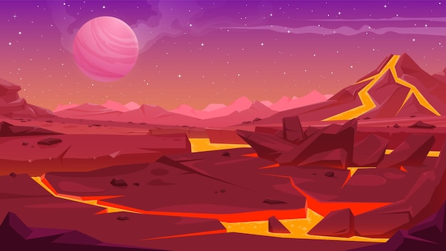 Vector hand drawn vector illustration of the natural landscape of the planet with the current lava