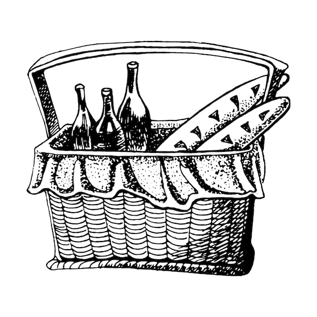 Hand drawn vector illustration of Picnic Basket with Pastries and Bottles of Wine