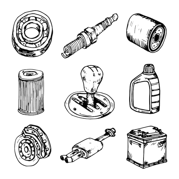 Hand drawn vector illustration set of auto parts sign and symbol doodles elements. Isolated on white background.