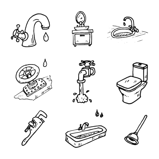 Hand drawn vector illustration set of plumbing sign and symbol doodles elements. Isolated on white background.