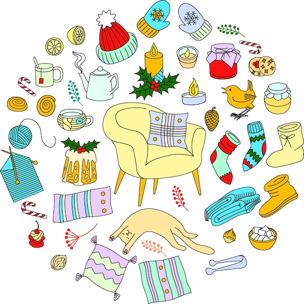 Hand drawn vector illustration of set with cozy home things