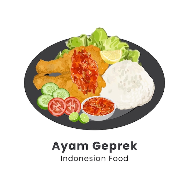 Hand drawn vector illustration of smashed chicken or ayam geprek indonesian food