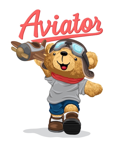 Hand drawn vector illustration of teddy bear in aviator costume playing plane