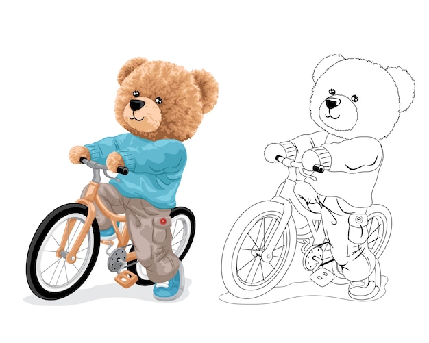 Hand drawn vector illustration of teddy bear cycling Coloring book or page