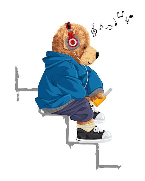 Hand drawn vector illustration of teddy bear enjoy music with headphone while holding soft drink