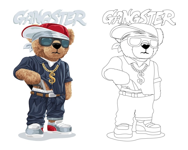 Vector hand drawn vector illustration of teddy bear gangster with gun coloring book or page