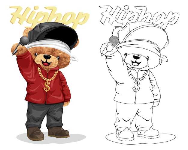 Hand drawn vector illustration of teddy bear in hip hop costume holding microphone