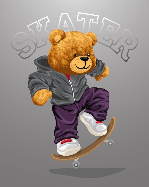 Hand drawn vector illustration of teddy bear play skateboard