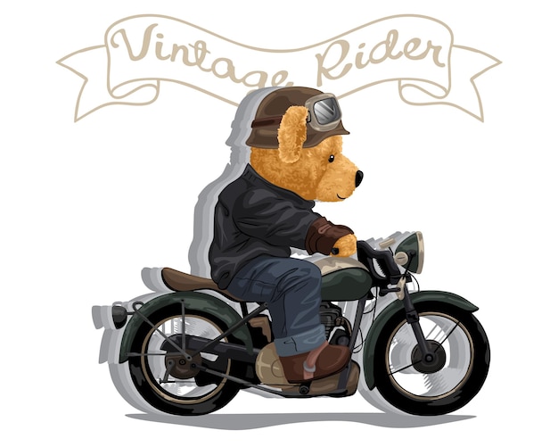 Hand drawn vector illustration of teddy bear riding motorcycle