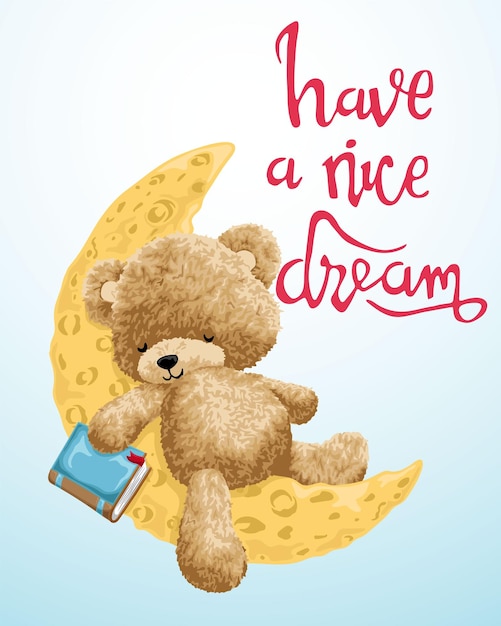 Hand drawn vector illustration of teddy bear sleeping on crescent moon while holding book