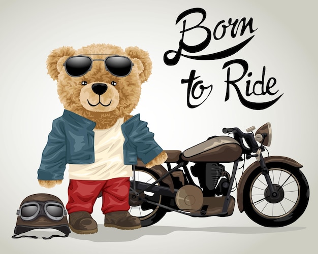 Hand drawn vector illustration of teddy bear with motorcycle