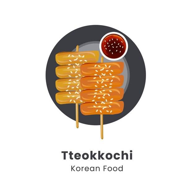 Vector hand drawn vector illustration of traditional korean street food rice cake skewers or tteokkochi