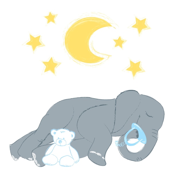 Hand drawn vector illustration with a cute baby elephant sleeping celebrating new birth isolated on white background