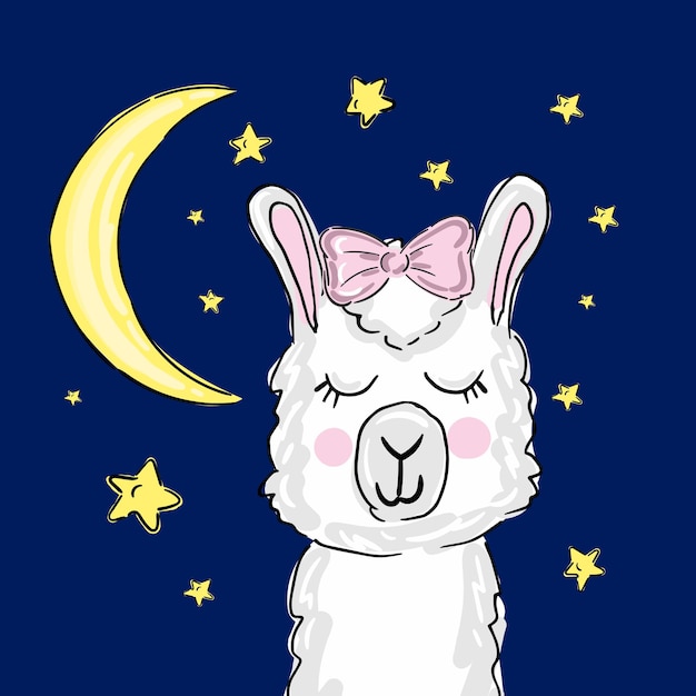 Hand drawn vector illustration with cute sleeping llama moon stars Scandinavian style flat design Concept for children print