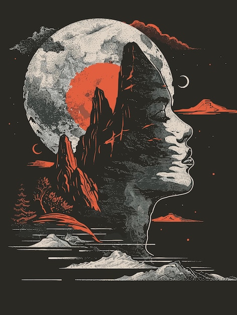 Hand drawn vector illustration of a woman39s head on the background of the moon and mountains