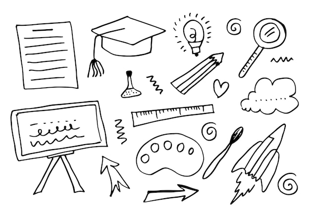 hand drawn vector illustrations of education with school supplies and creative elements.