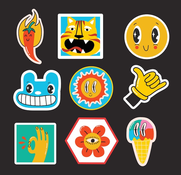 Hand drawn Vector illustrations of Set of Various patches, pins, stamps or stickers with abstract funny cute comic characters.