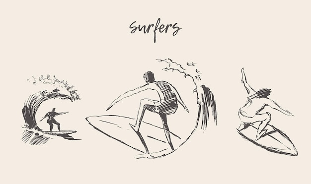 Hand drawn vector illustrations of surfers