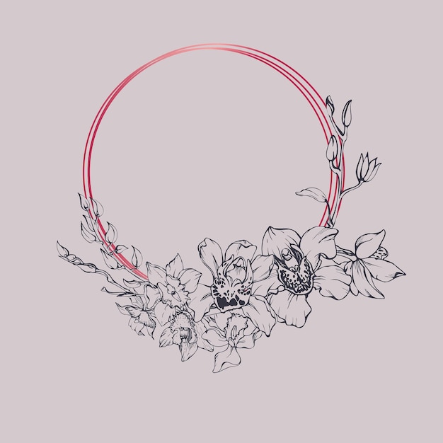 Hand drawn vector ink orchid flowers and branches monochrome detailed outline Circle wreath composition Viva magenta color Design for wall art wedding print tattoo cover card