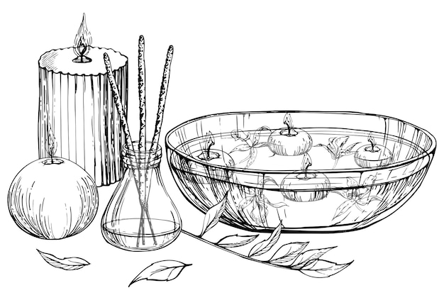 Hand drawn vector ink spa and bath beauty products accessories floating candles